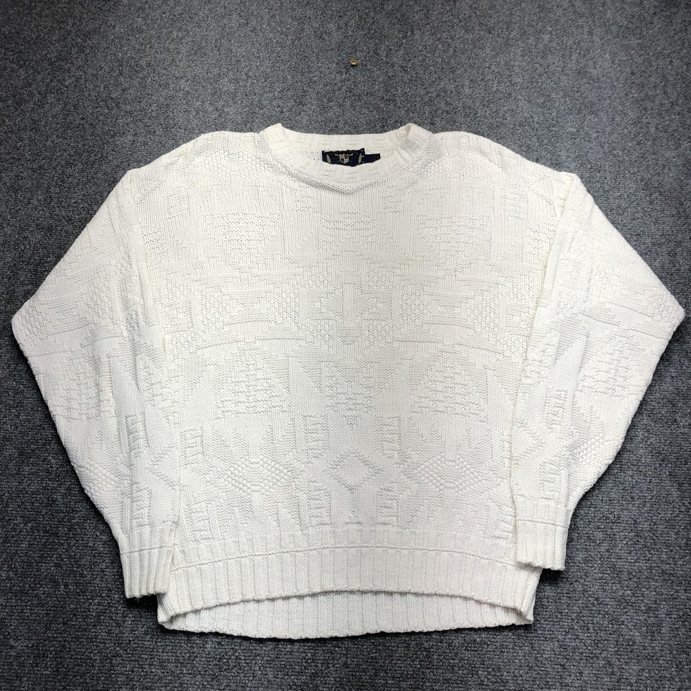 Lake Harmony Sweater Mens Medium White Geometric Crewneck Knit Pullover USA